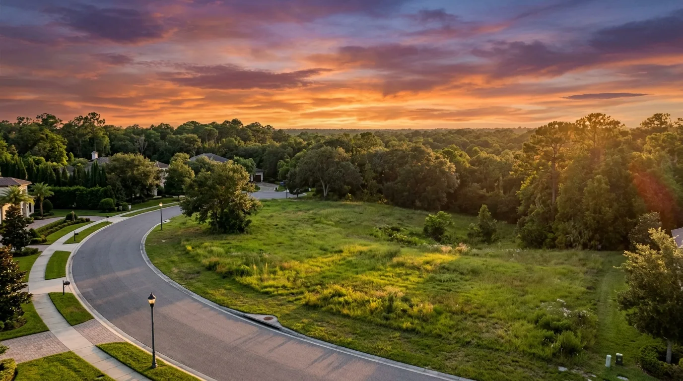 Lote em rua do condomínio com vista para área de mata ao pôr do sol