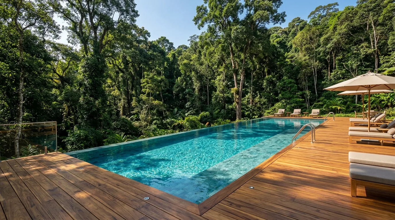 Piscina com raias e deck de madeira voltados para a mata